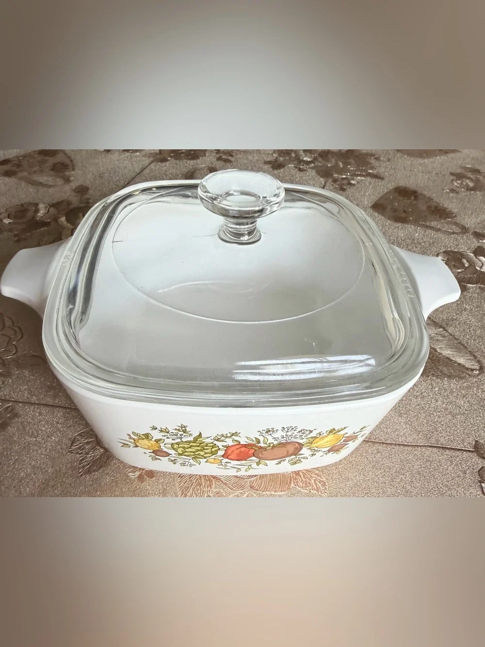 Corningware White Covered Casserole with Fruit and Botanical Design